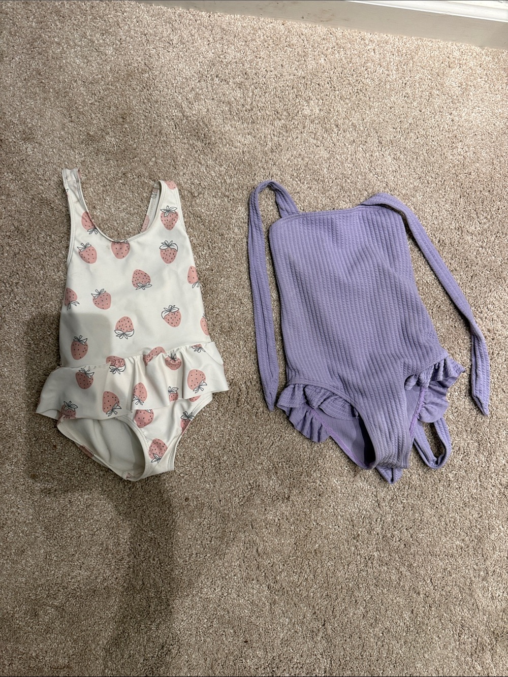 Carter's White Strawberry Print & Lavender Ribbed Girls' One-Piece Swimsuits